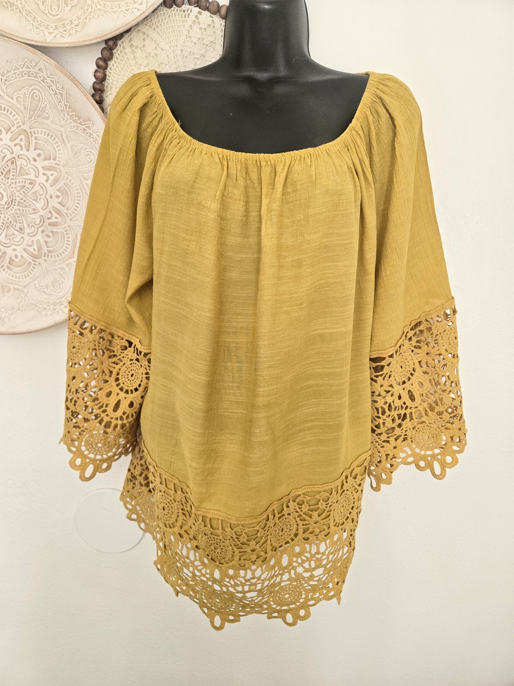 Bohemian-style Mustard Crochet-Hem Off-Shoulder Women's Top 1X